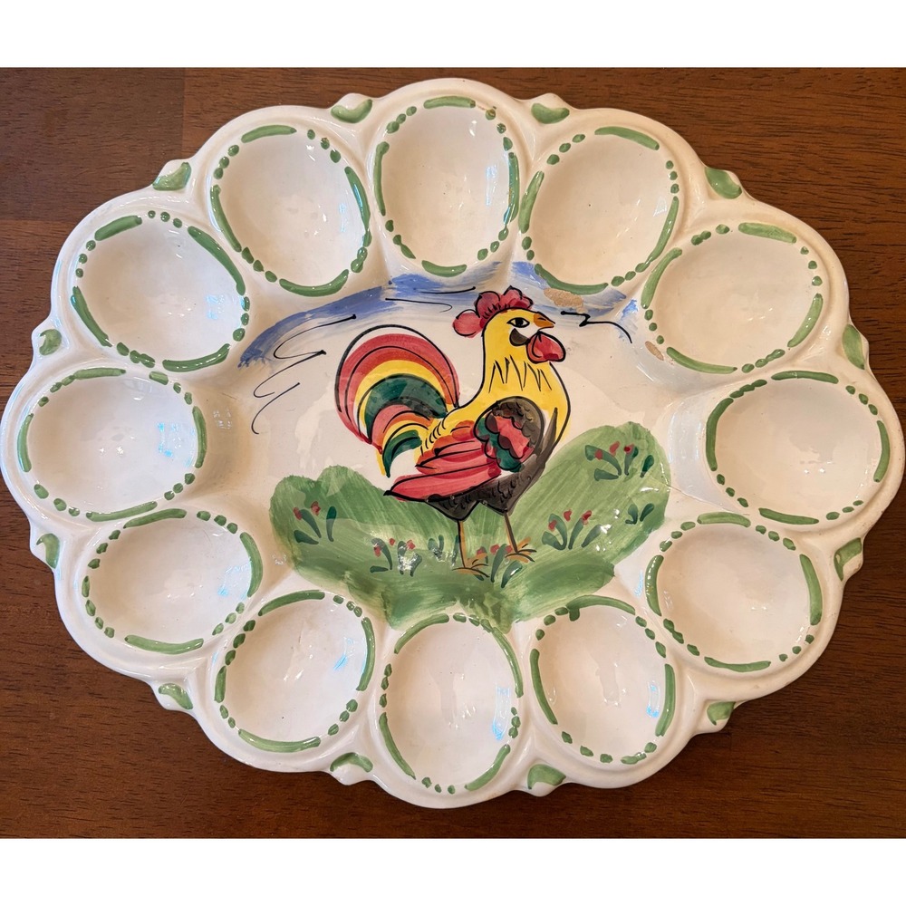 Vintage Italy Ceramic Rooster Deviled Egg Platter Hand Painted Farmhouse 12 Slot